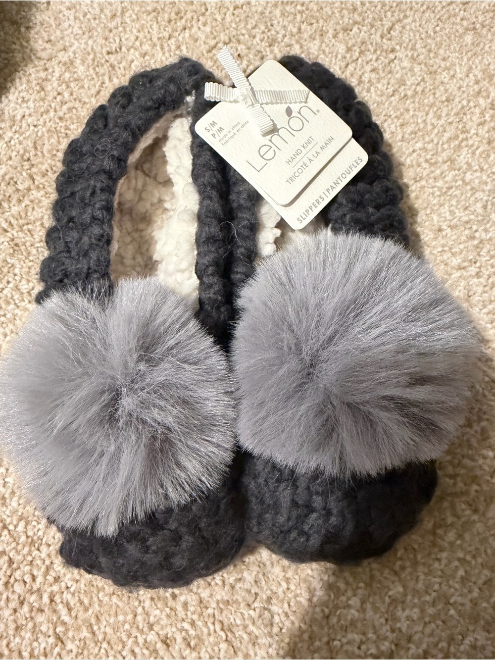 Lemon Hand-Knit Pom-Pom Slippers in Gray